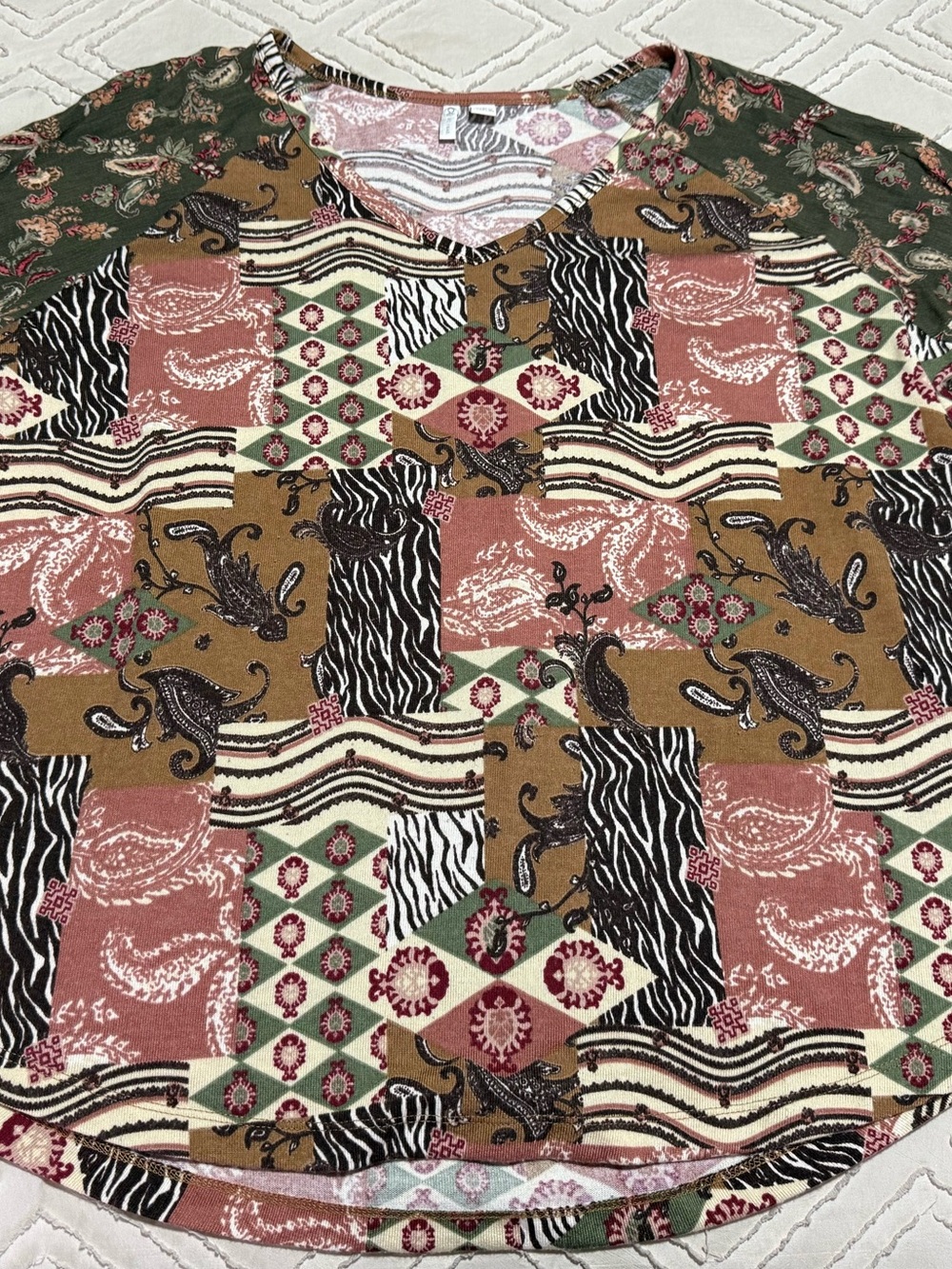 Cato Patchwork Paisley Long Sleeve Shirt in Green, Pink & Tan
